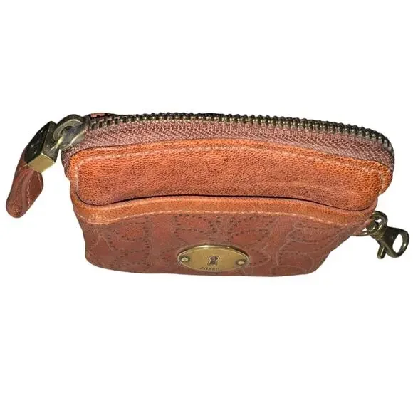 FOSSIL Keyhole Brown Leather Flower Pattern with Clip - Picture 3 of 10